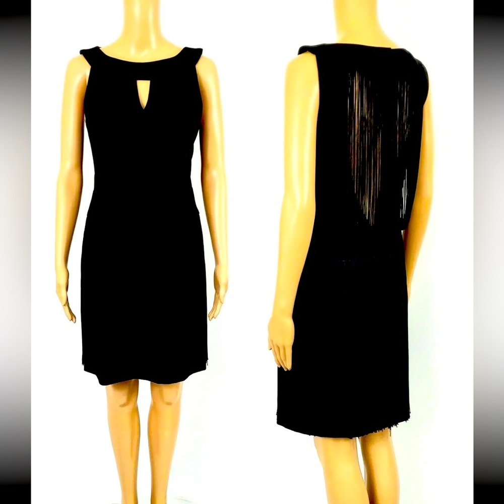 Nanette Lepore Black sleekness dress, Sheath keyhole with fringe - size 6